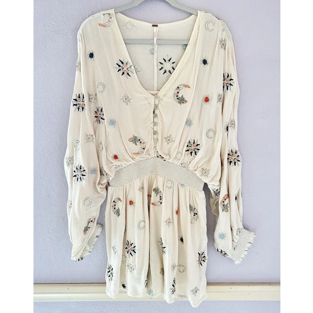 Free People Under The Stars Embroidered Romper Sequin Celestial Bohemian Size XS